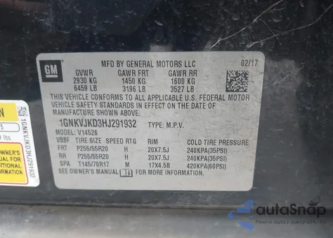 2017 Chevrolet Traverse Premier from USA, damaged, VIN 1GNKVJKD3HJ291932